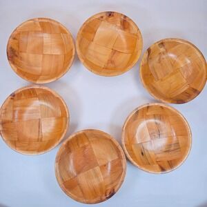 Vintage Woven Parquet Wood Salad Snack 6" Serving Bowls Set of 6 Stackable MCM